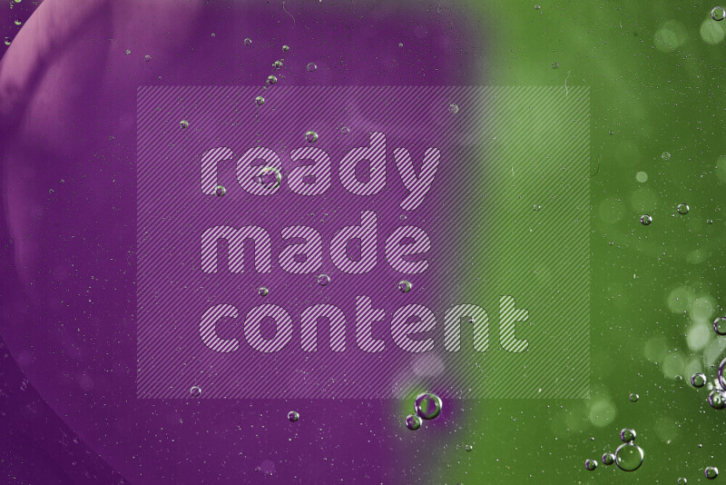 Close-ups of abstract oil bubbles on water surface in shades of green and purple