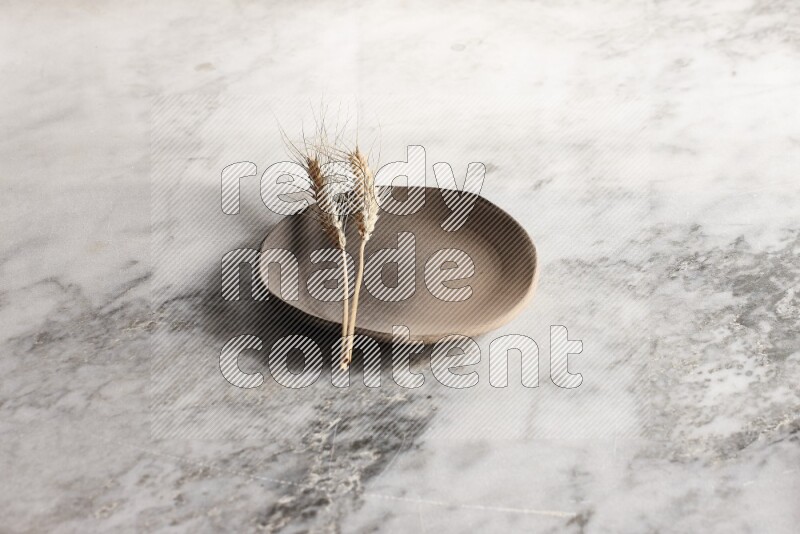 Wheat stalks on multicolored pottery plate on grey marble background