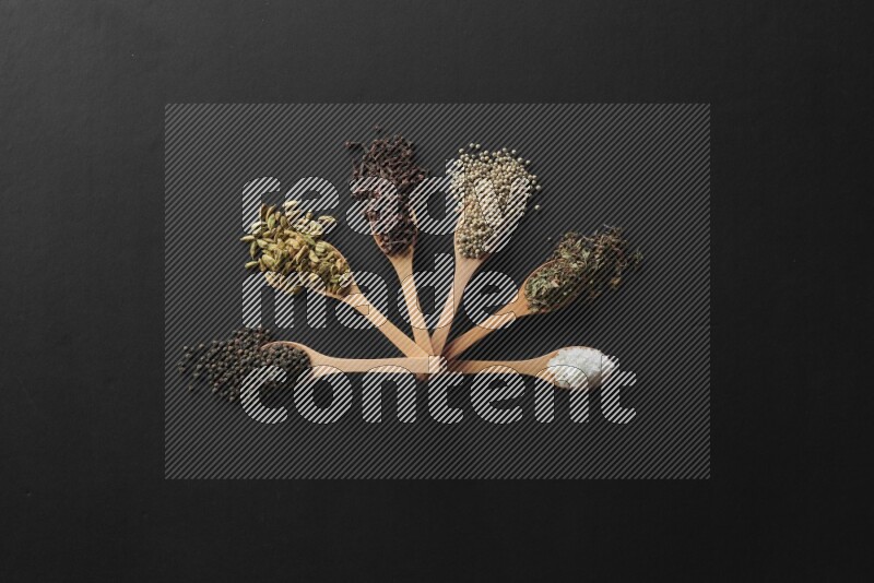 wooden spoons filled with white peppers, cloves, cardamom, salt, black peppers and basil on black flooring