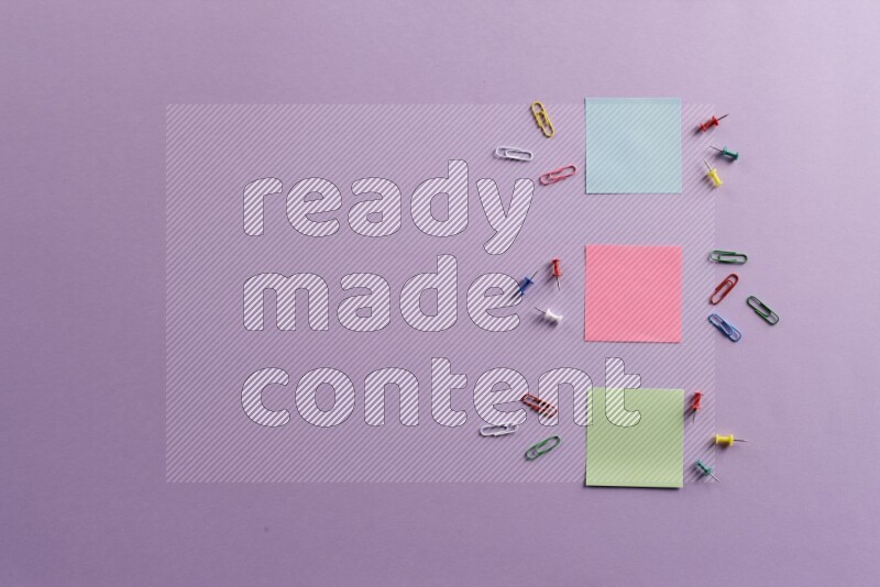 Multicolored sticky notes with school supplies on purple background