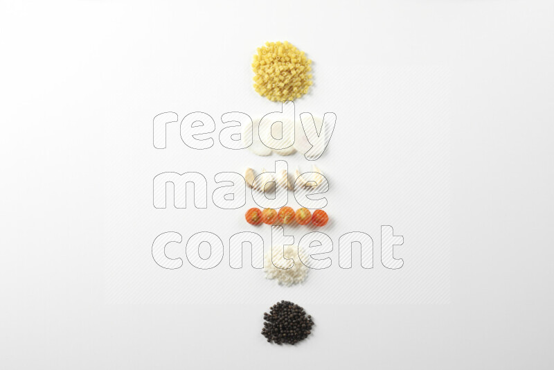 Red sauce pasta recipes ingredients on white background