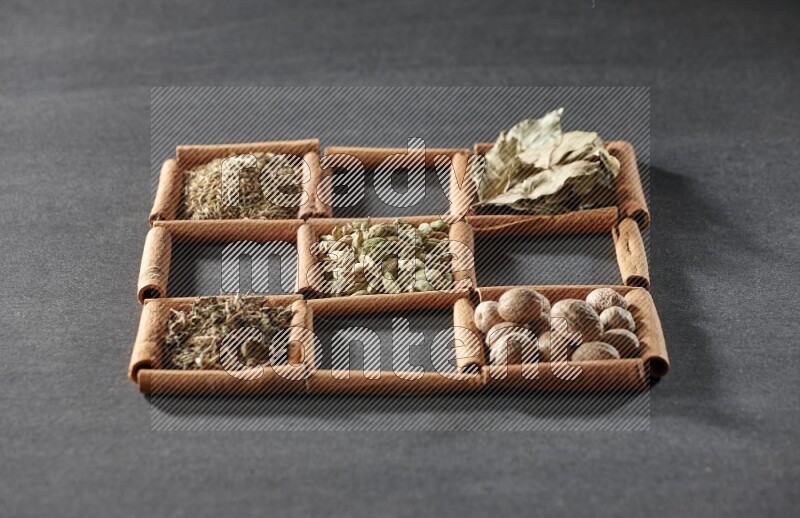 9 squares of cinnamon sticks full of cardamom in the middle surrounded by nutmeg, cinnamon, bay laurel leaves, cloves, cumin, dried ginger, dried basil and star anise on black flooring