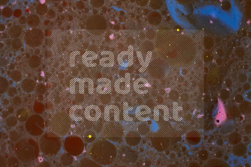 The image depicts a marbling effect with swirling patterns of pink, blue and brown