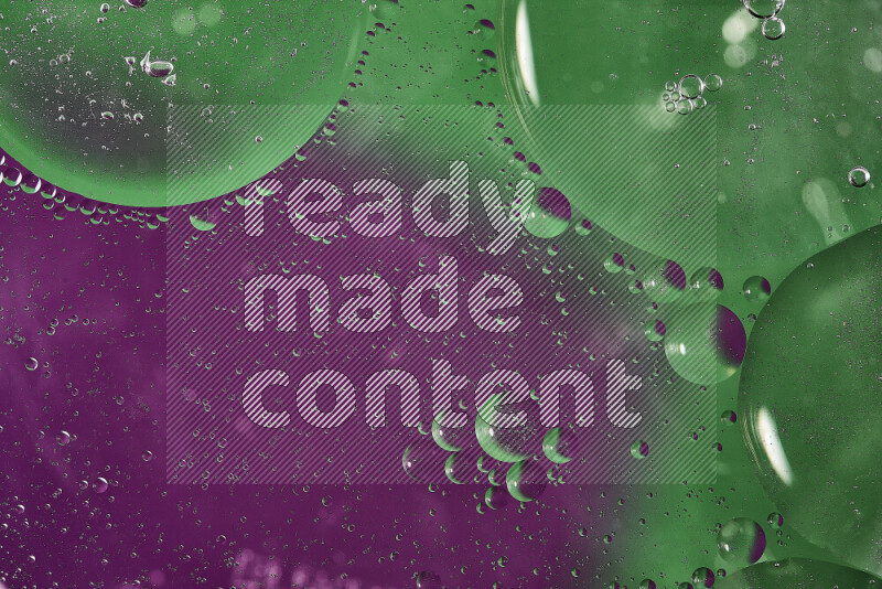 Close-ups of abstract oil bubbles on water surface in shades of green and purple