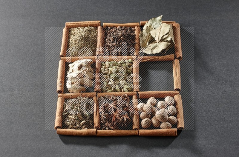 9 squares of cinnamon sticks full of cardamom in the middle surrounded by nutmeg, cinnamon, bay laurel leaves, cloves, cumin, dried ginger, dried basil and star anise on black flooring