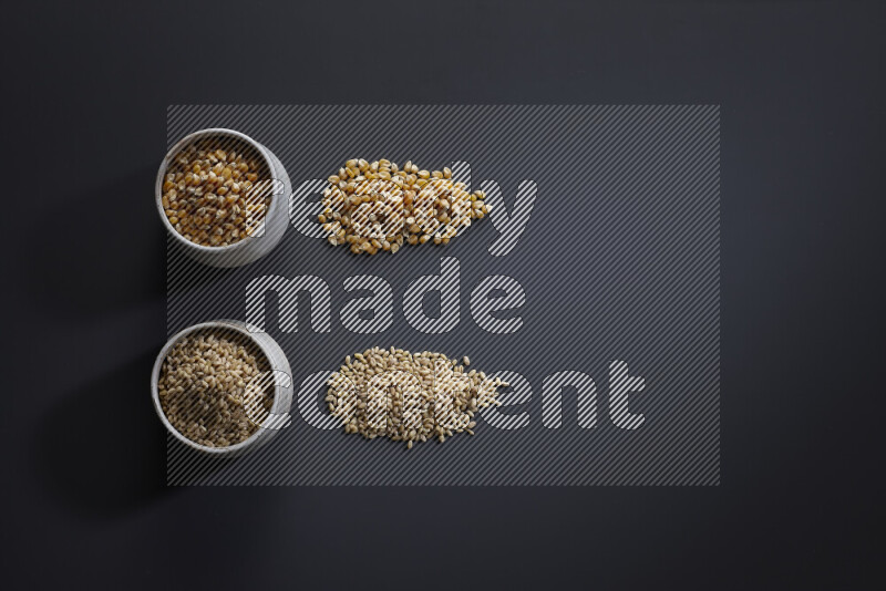 Legumes in pottery bowls on grey background