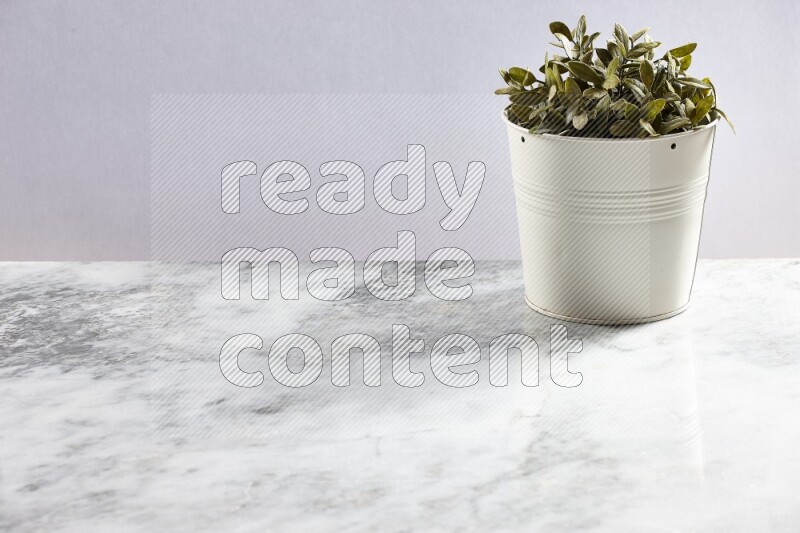 Green artificial plant in white pot on light grey marble background