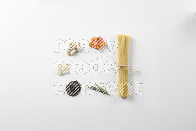 Red sauce pasta recipes ingredients on white background