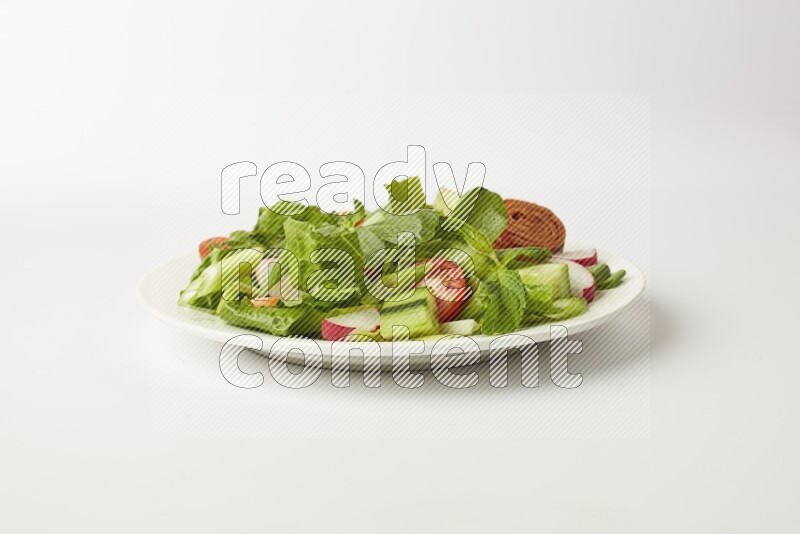 fattoush salad in a white plate direct on a white background