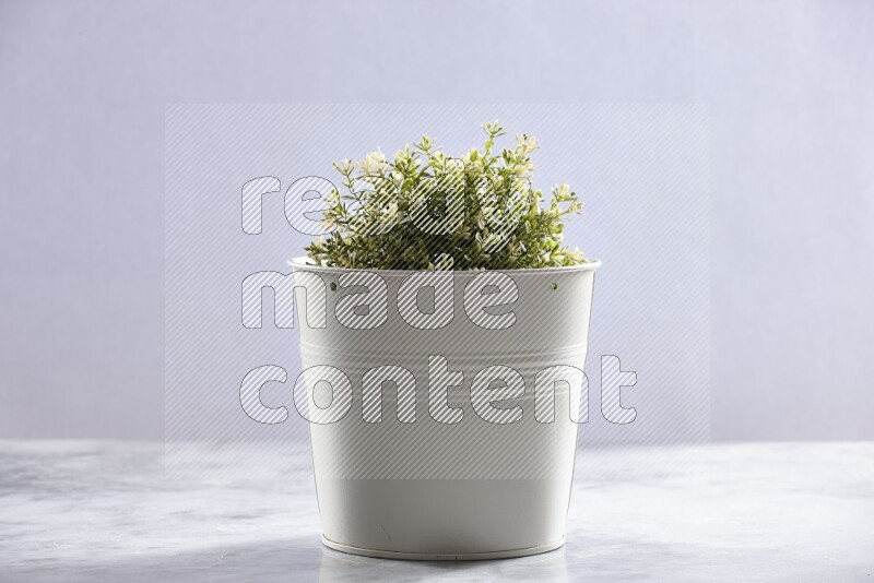 Artificial plant in white pot on grey marble background
