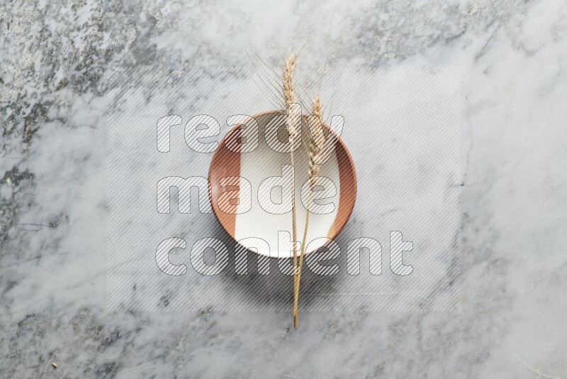 Wheat stalks on multicolored pottery plate on grey marble background
