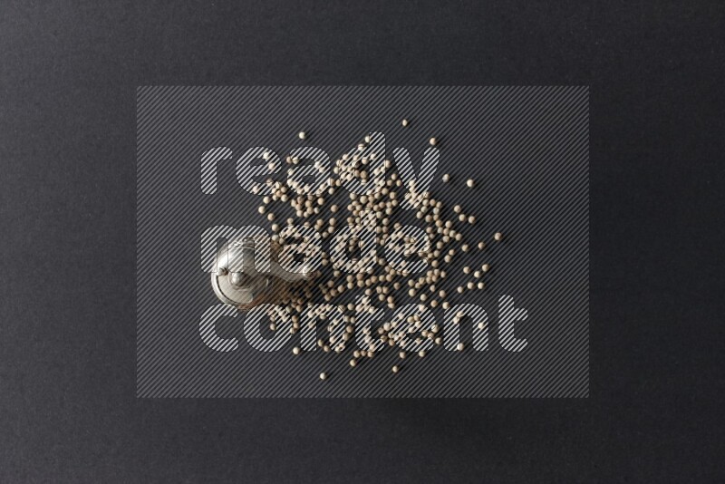 White pepper with a metal pepper grinder on black flooring