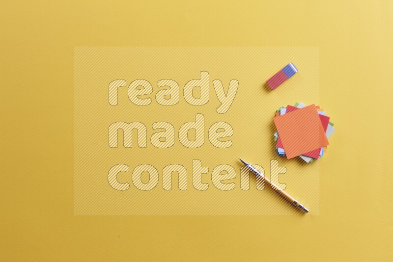 Multicolored sticky notes with school supplies on yellow background