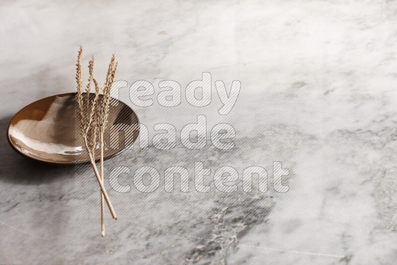 Wheat stalks on multicolored pottery plate on grey marble background