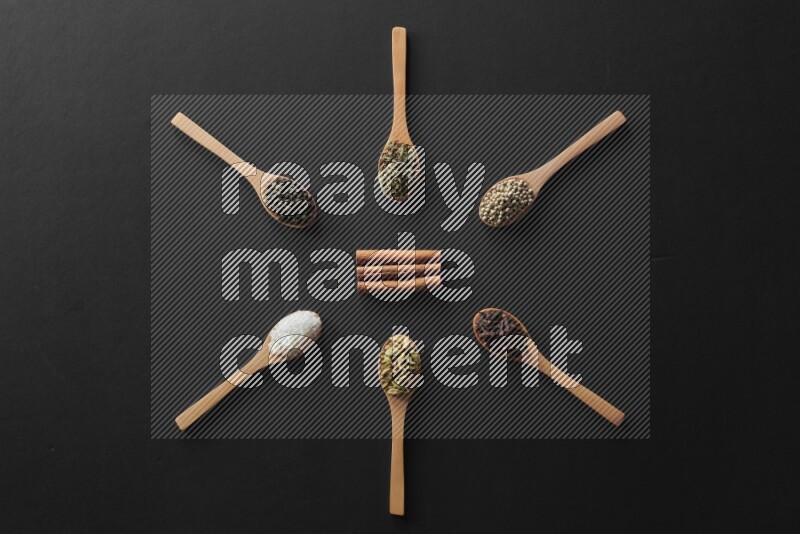 wooden spoons filled with white peppers, cloves, cardamom, salt, black peppers and basil on black flooring and shaped like a clock