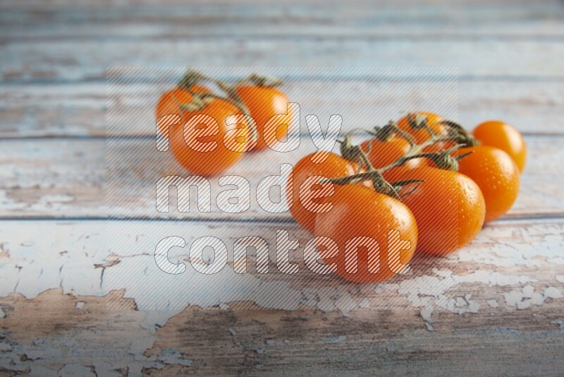 orange cherry tomato vein on a textured blue wooden background 45 degree