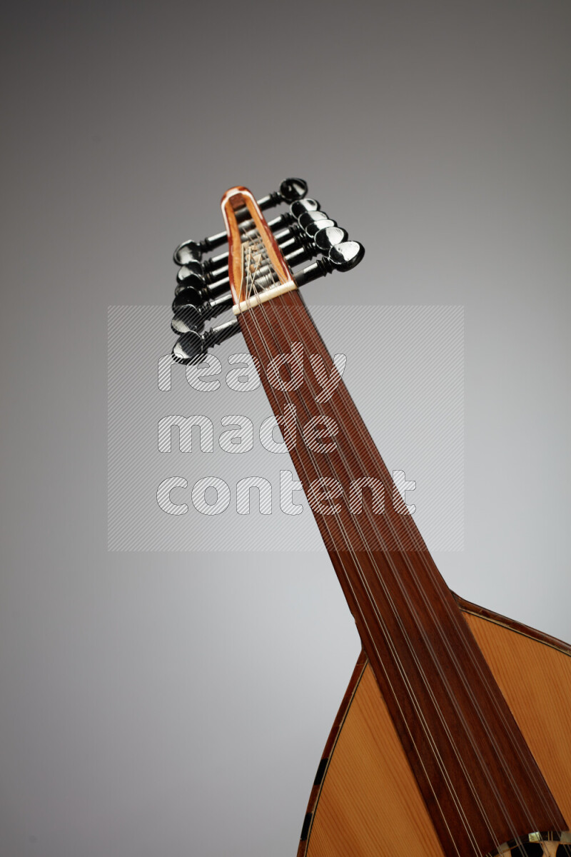 parts of a brown wooden Oud in a gray background
