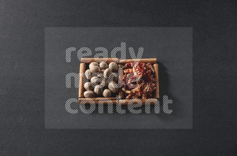 مربعان من أعواد القرفة ممتلئان بجوزة الطيب والفلفل الحار المجفف علي خلفية سوداء