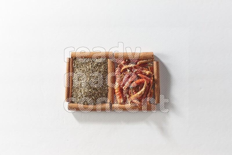 مربعان من أعواد القرفة ممتلئان بالفلفل الحار المجفف وحبوب الكمون علي خلفية بيضاء