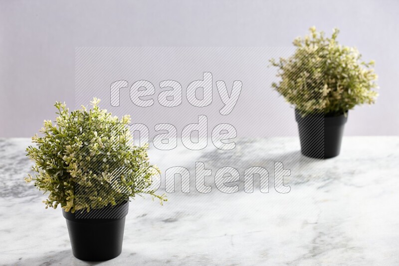 Two artificial plants in black pots on grey marble background