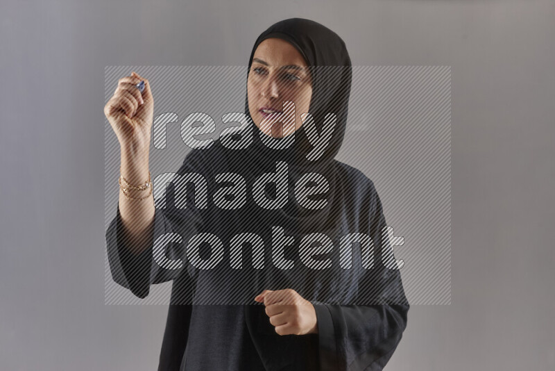 Woman in black abaya and hijab holding a marker pen to write on a transparent board with different reactions and expressions on grey background