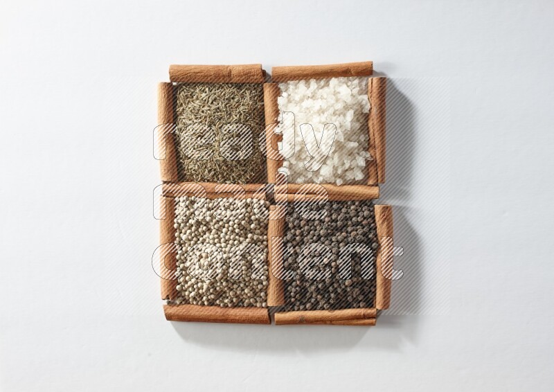 4 مربعات من أعواد القرفة ممتلئة بالكمون والملح والفلفل الأبيض والفلفل الأسود على أرضية بيضاء