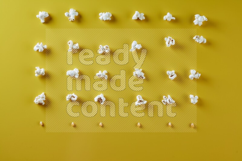 Popcorn flakes and seeds on a yellow background in different angles