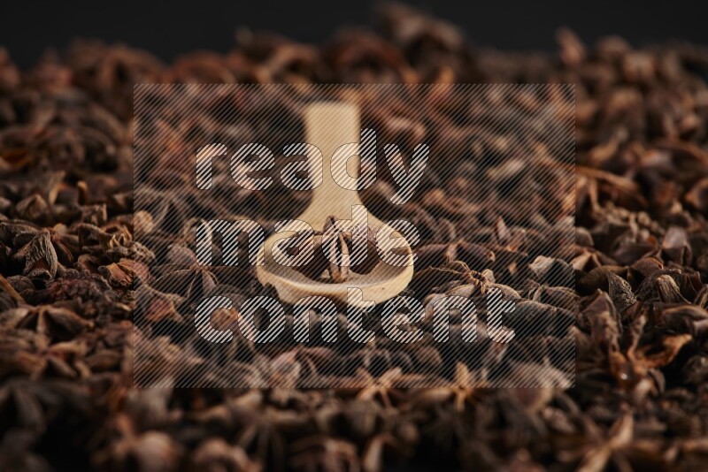 اليانسون النجمي في ملعقة خشبية فوق اليانسون النجمي الذي يغطي الإطار على أرضية سوداء