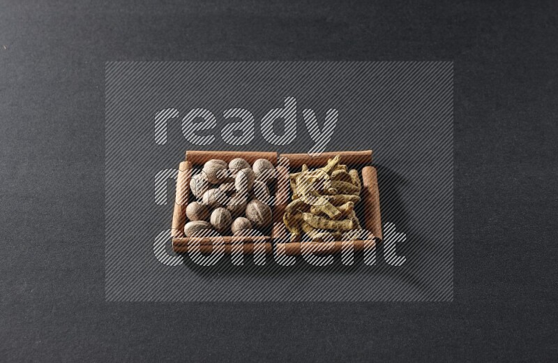 مربعان من أعواد القرفة ممتلئان بجوزة الطيب وأصابع الكركم علي خلفية سوداء