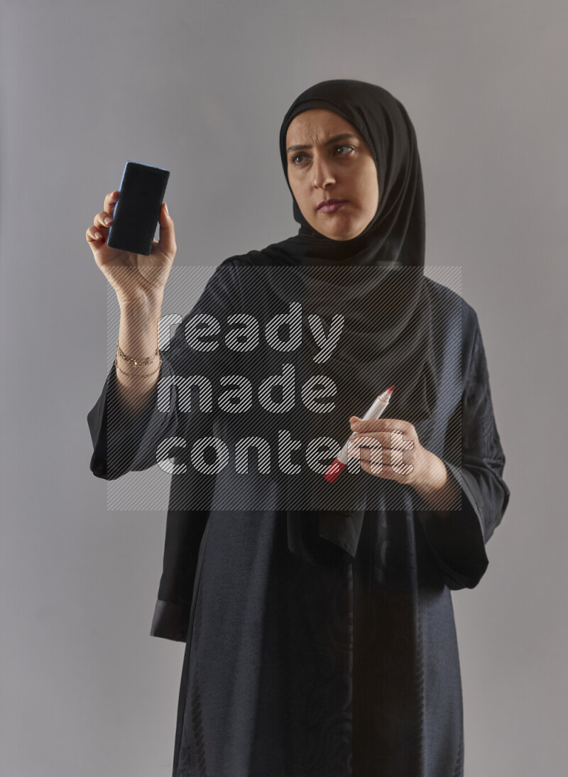 Woman in black abaya and hijab holding a marker pen to write on a transparent board with different reactions and expressions on grey background