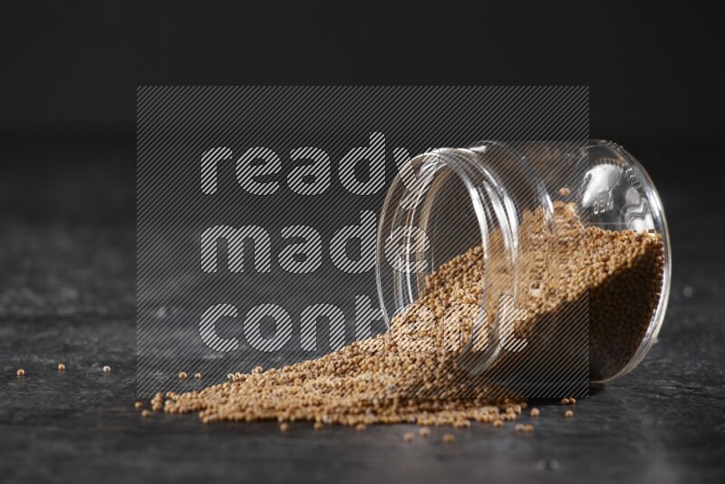 A glass jar full of mustard seeds and jar is flipped and seeds spread out on a textured black flooring