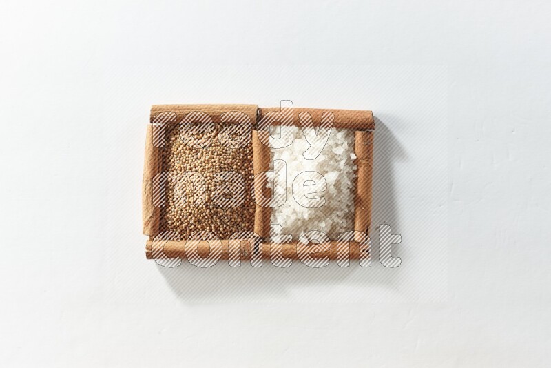 مربعان من أعواد القرفة ممتلئان بحبوب الخردل والملح الأبيض علي خلفية بيضاء