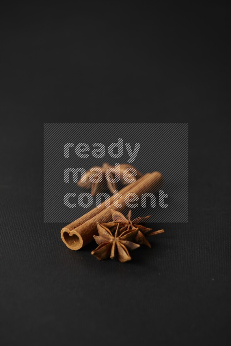 Star Anise herb and a cinnamon stick on a black background