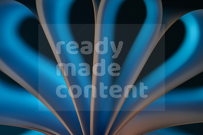 An abstract art piece displaying smooth curves in white and blue gradients created by colored light