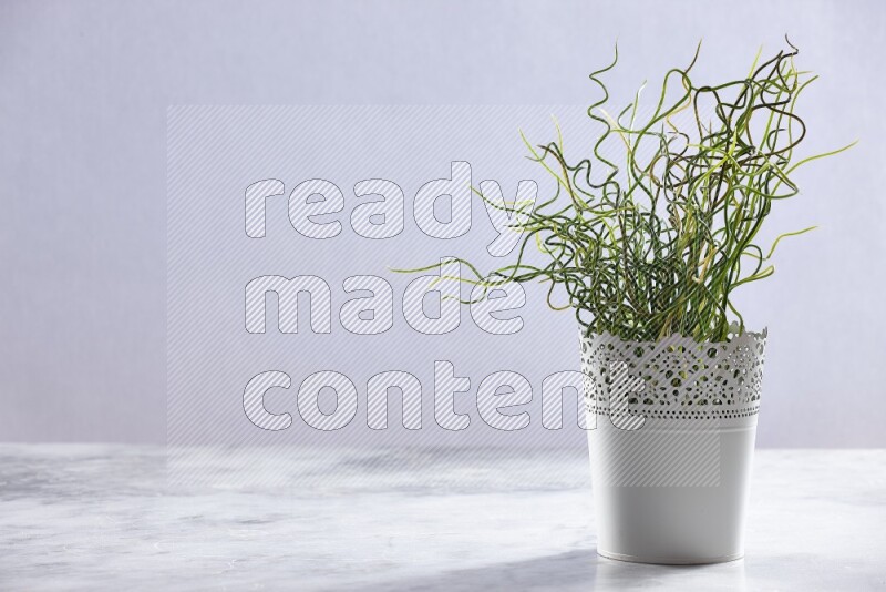 Green artificial plant in white decorative pot on grey marble background
