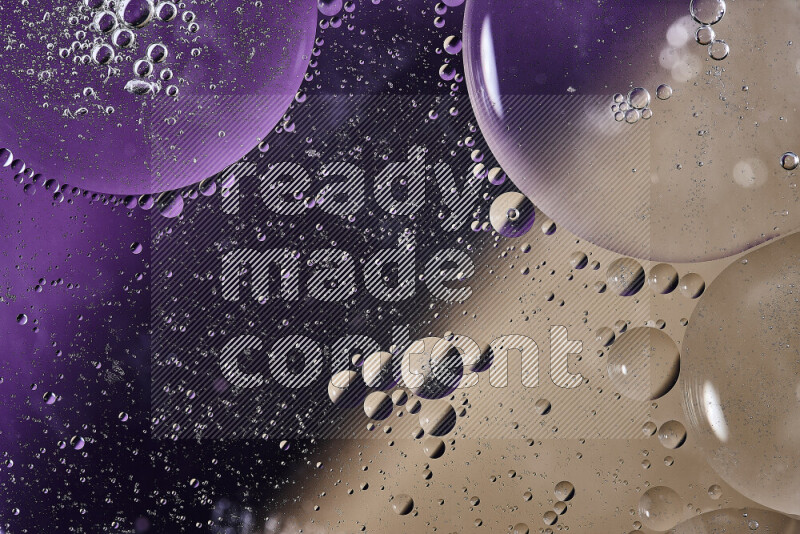 Close-ups of abstract oil bubbles on water surface in shades of purple and brown