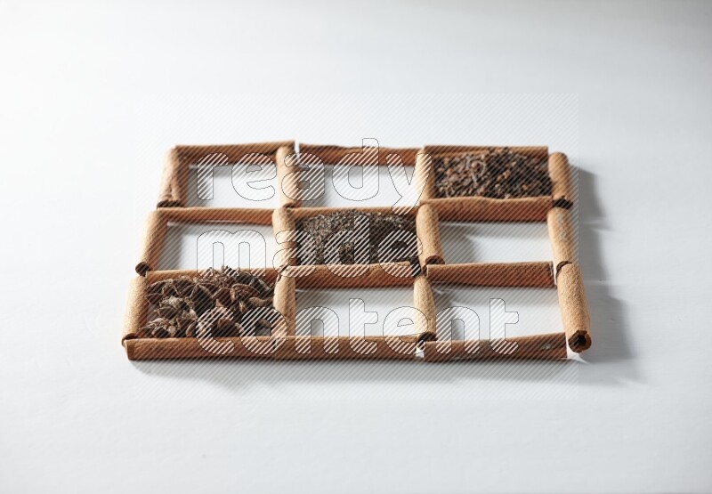 9 squares of cinnamon sticks full of tea in the middle surrounded by nutmeg, dried mint, cloves, dried basil, dried ginger, cinnamon, star anise and cardamom on white flooring