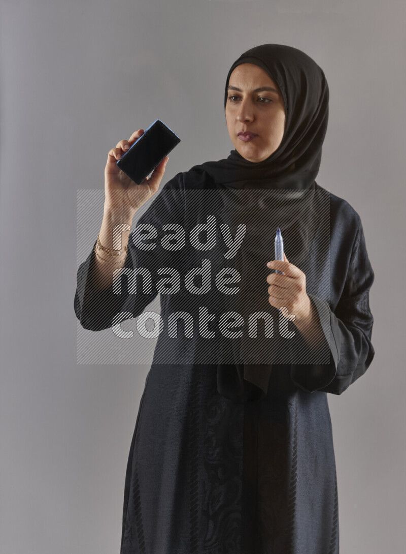 Woman in black abaya and hijab holding a marker pen to write on a transparent board with different reactions and expressions on grey background