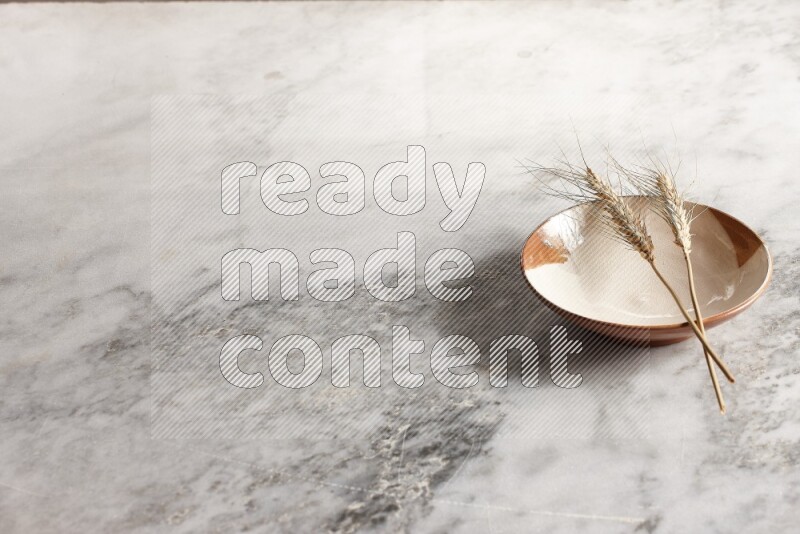 Wheat stalks on multicolored pottery plate on grey marble background