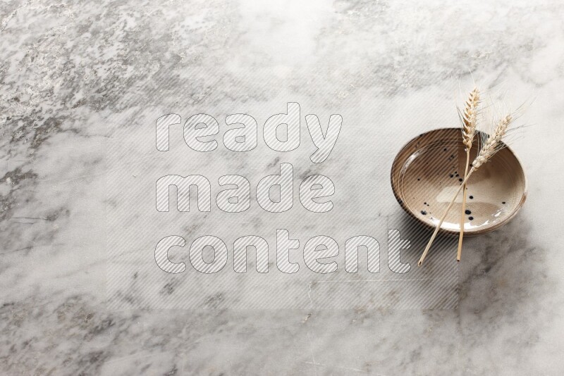 Wheat stalks on multicolored pottery bowl on grey marble background