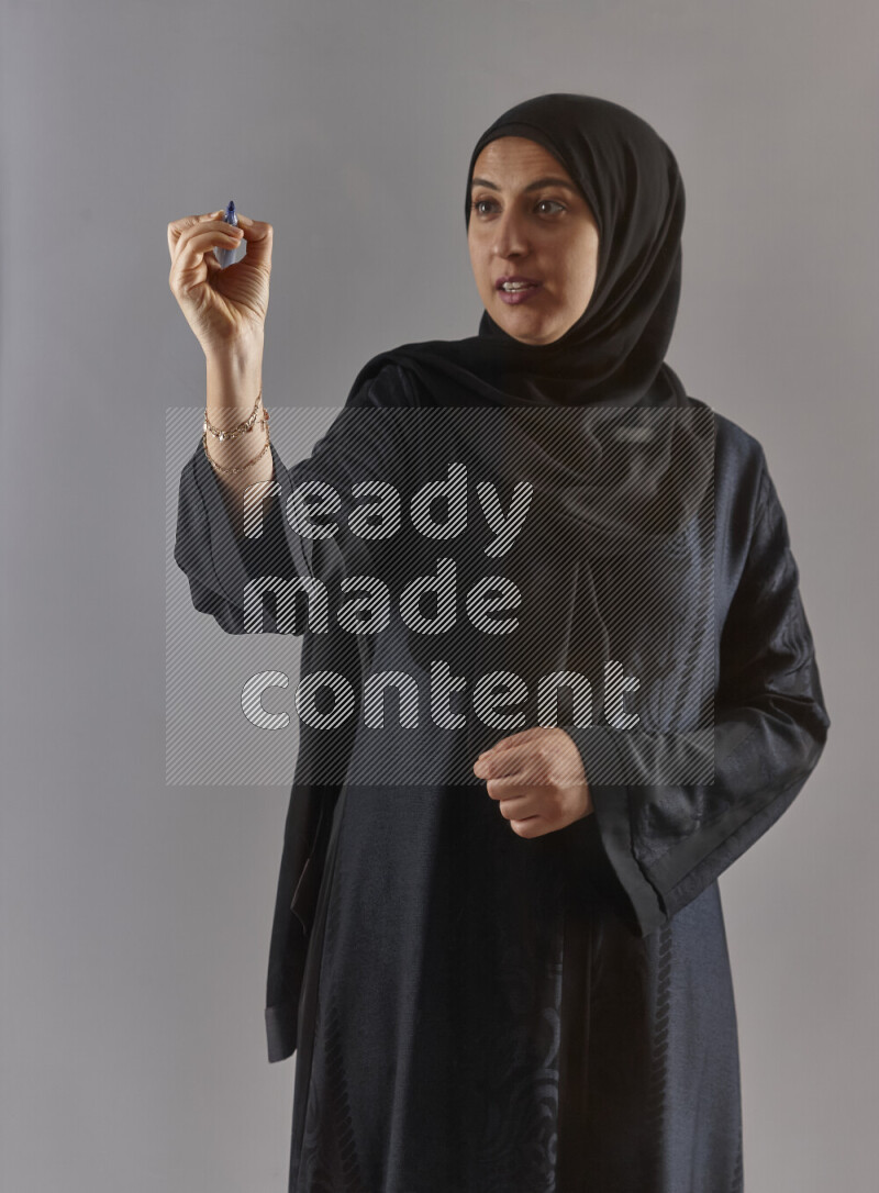 Woman in black abaya and hijab holding a marker pen to write on a transparent board with different reactions and expressions on grey background