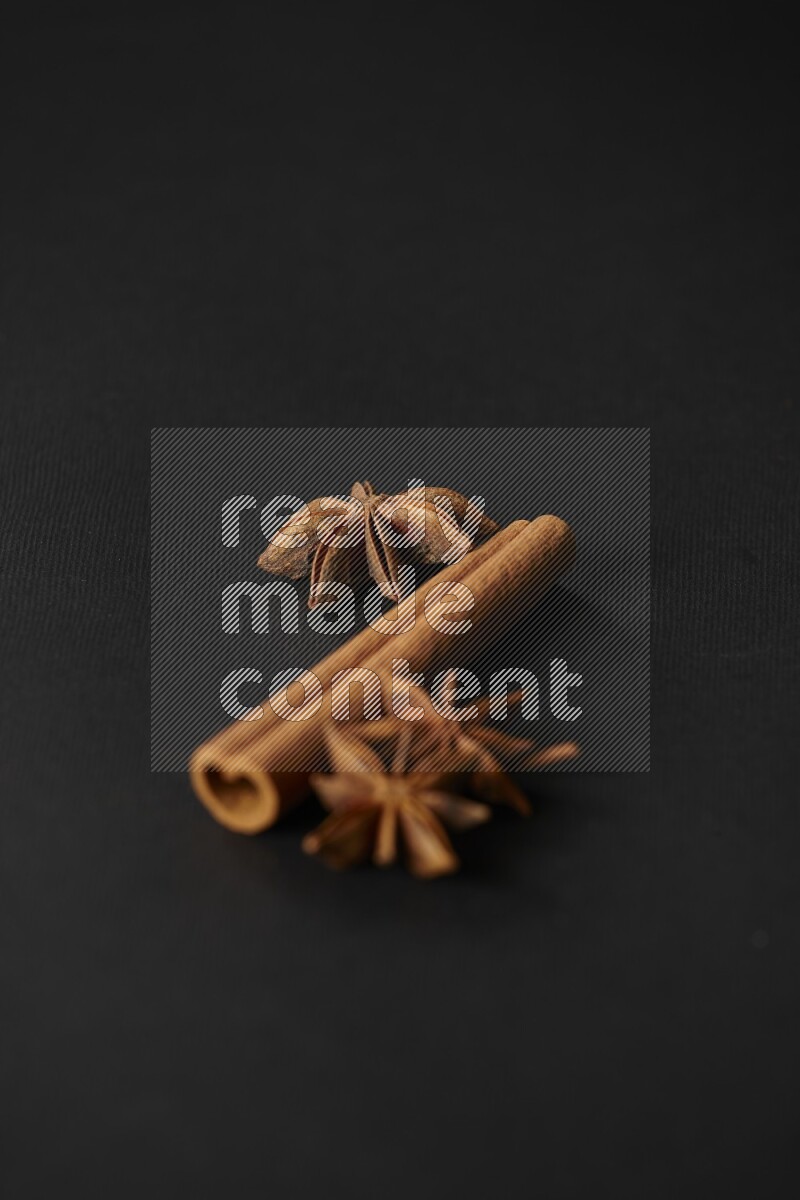 Star Anise herb and a cinnamon stick on a black background