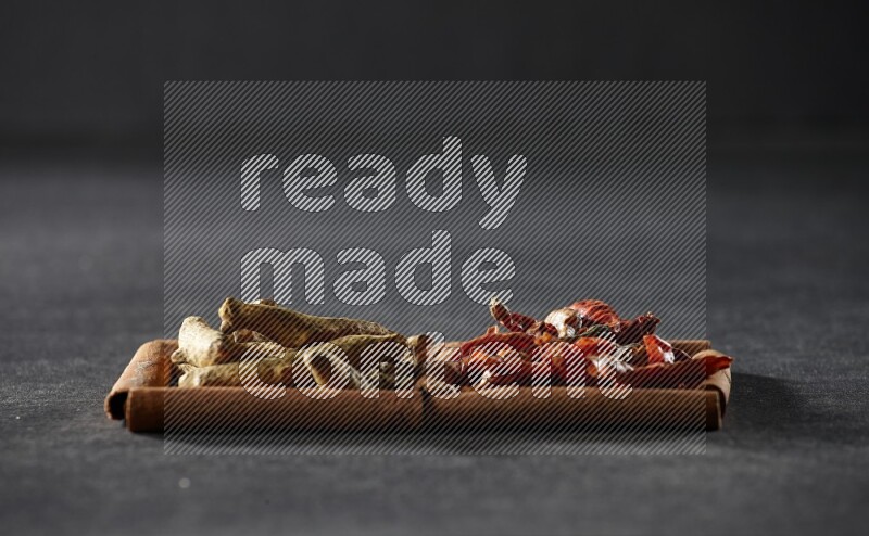 مربعان من أعواد القرفة ممتلئان بالفلفل الحار المجفف وأصابع الكركم علي خلفية سوداء