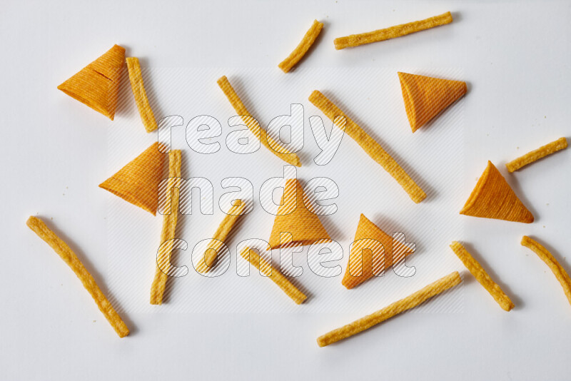 Assorted snacks on white background