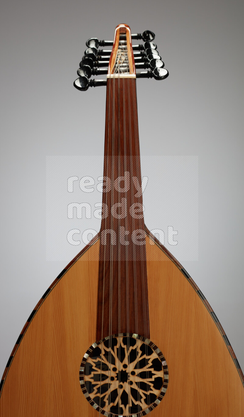 parts of a brown wooden Oud in a gray background