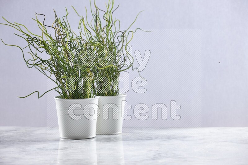 Two green artificial plants in white pot on grey marble background