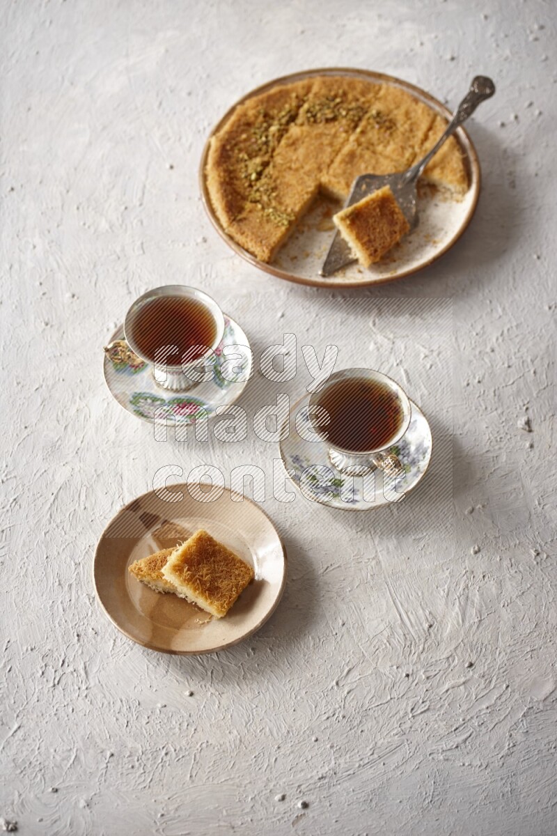 Konafa with tea in a light setup