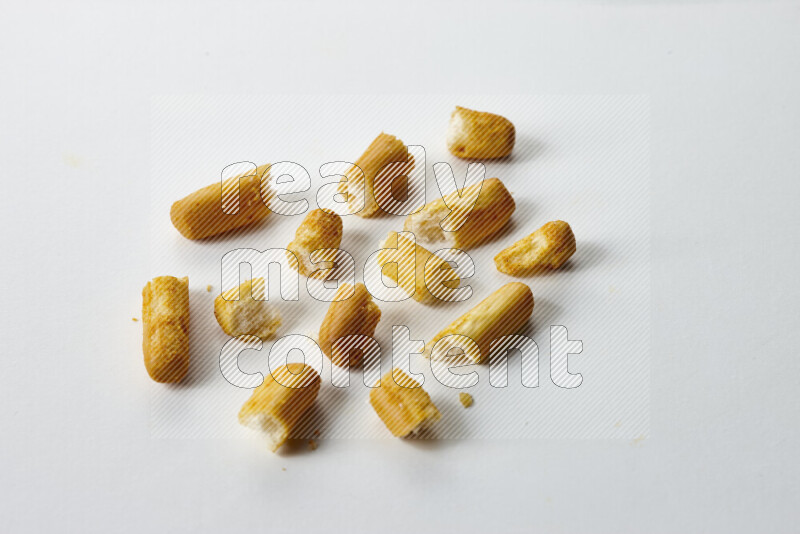 Assorted snacks on white background