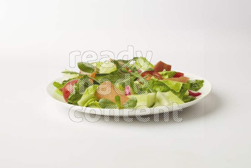 fattoush salad in a white plate direct on a white background