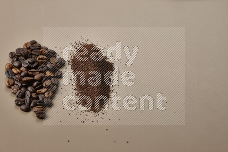 Assorted kinds of coffee such as roasted beans and ground on beige background